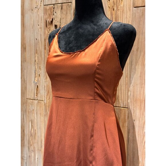 Steele Womens Burnt Orange Slip Maxi Dress With Tie-Back Thigh Slit And Spaghett - Picture 3 of 10